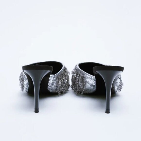 NWT Zara black, grey & silver beaded strap heeled sandals - Picture 7 of 16